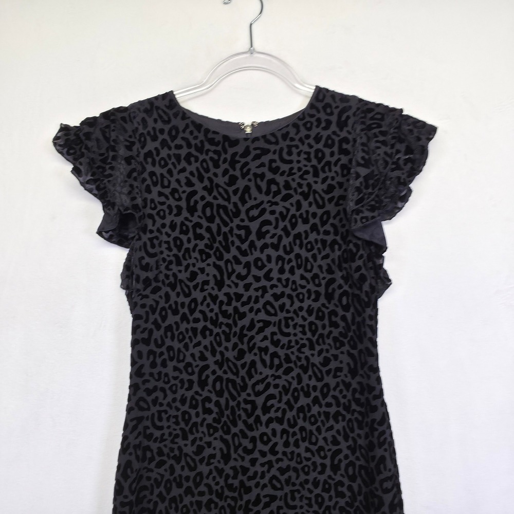 Tommy Hilfiger Dress Womens 8 Black‎ Ruffle Leopard Print Velvet Burnout Sheath - Picture 7 of 12